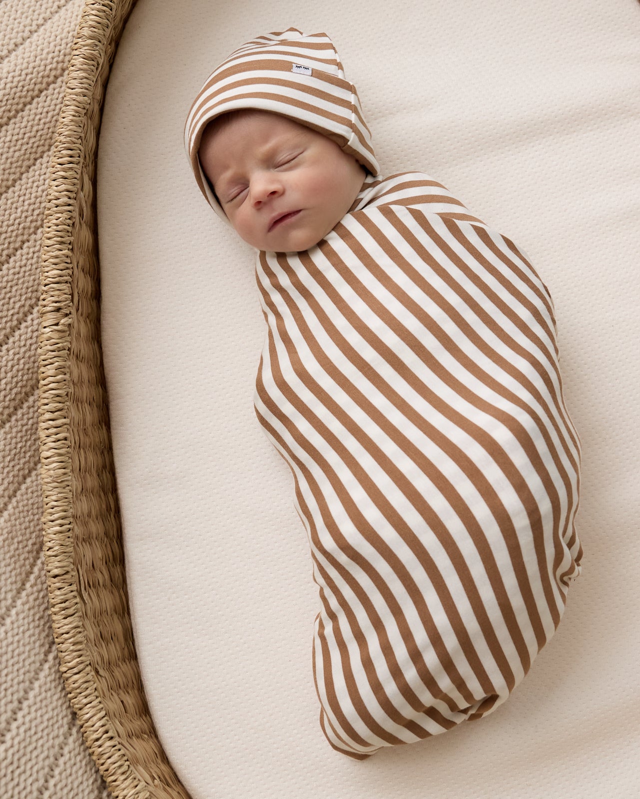 Chestnut Brown Stripe Swaddle & Infant Beanie Set