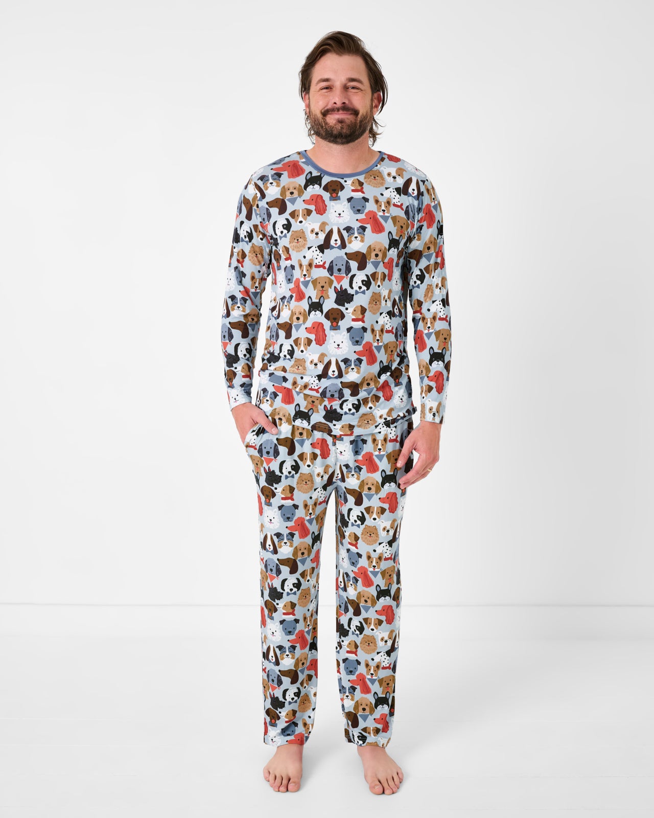 Gray Puppy Parade Men's Long Sleeve Pajama Top - Image 2