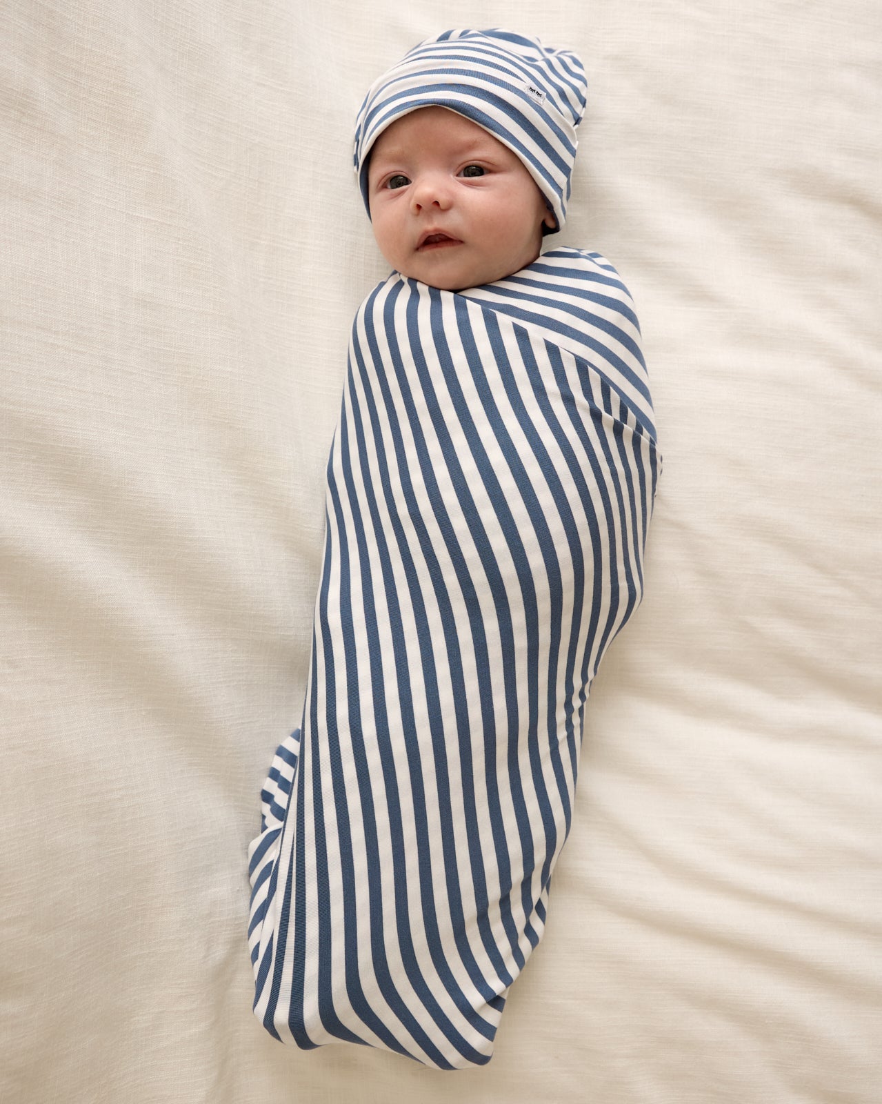 Hazy Blue Stripe Swaddle & Infant Beanie Set
