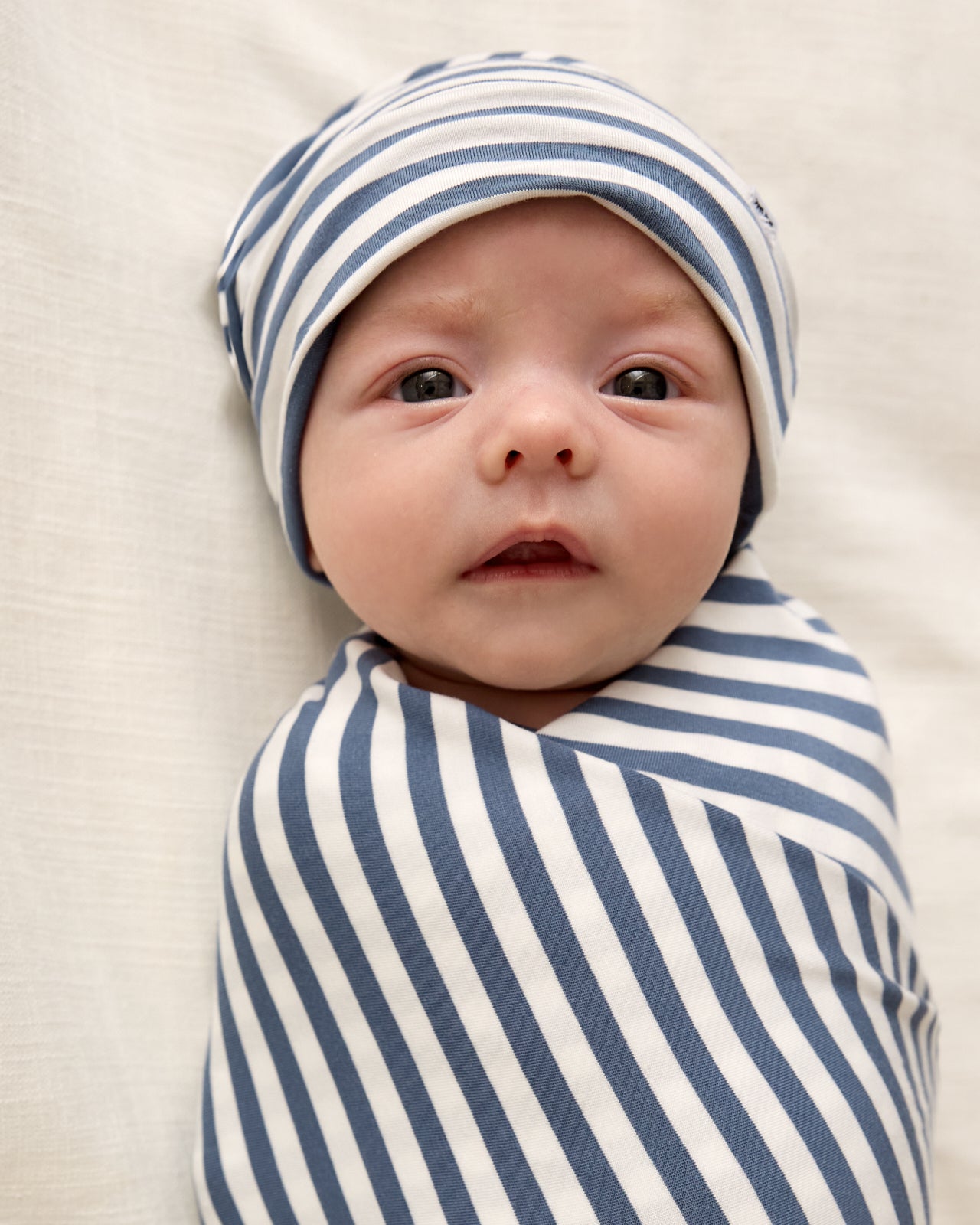 Hazy Blue Stripe Swaddle & Infant Beanie Set - Image 2