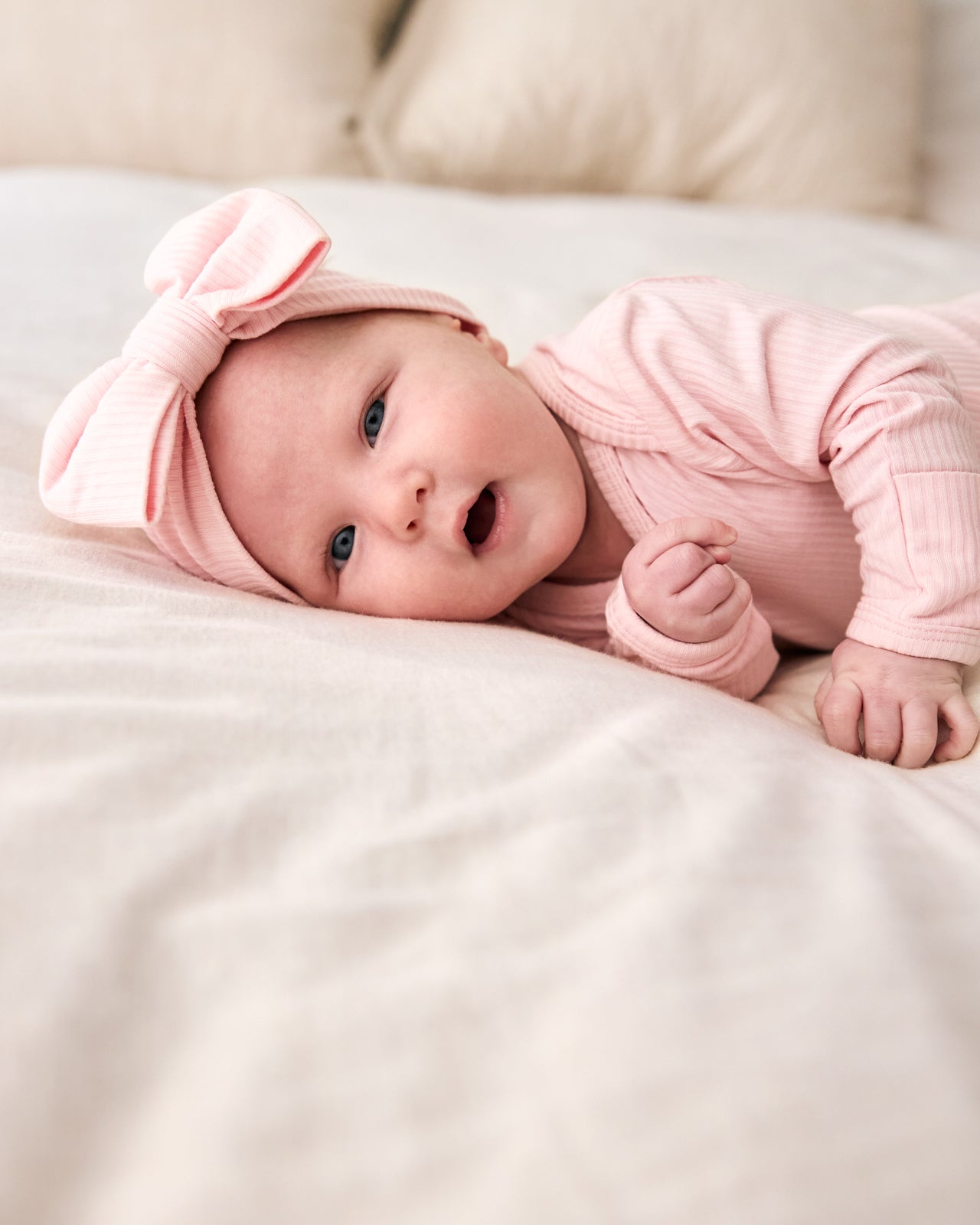 Prima Pink Ribbed Luxe Bow Headband - Image 2