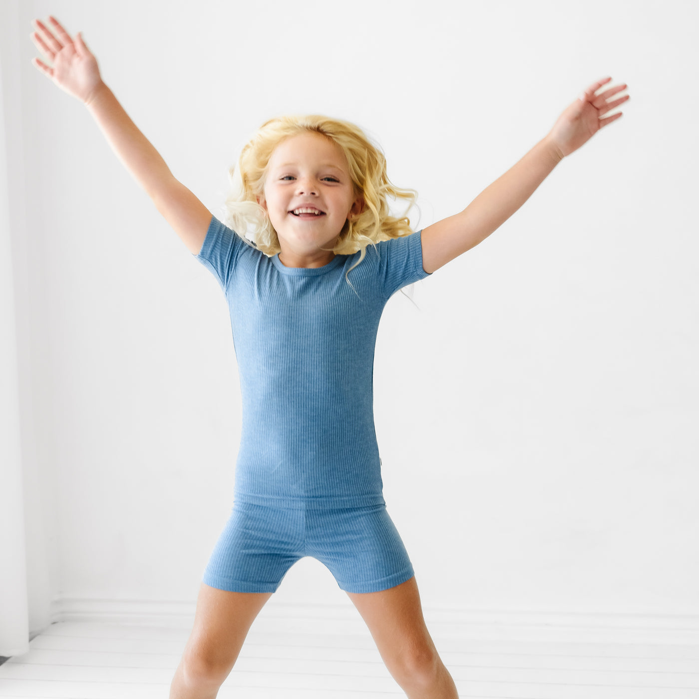 Heather Blue Ribbed Two-Piece Short Sleeve & Shorts Pajama Set - Image 2