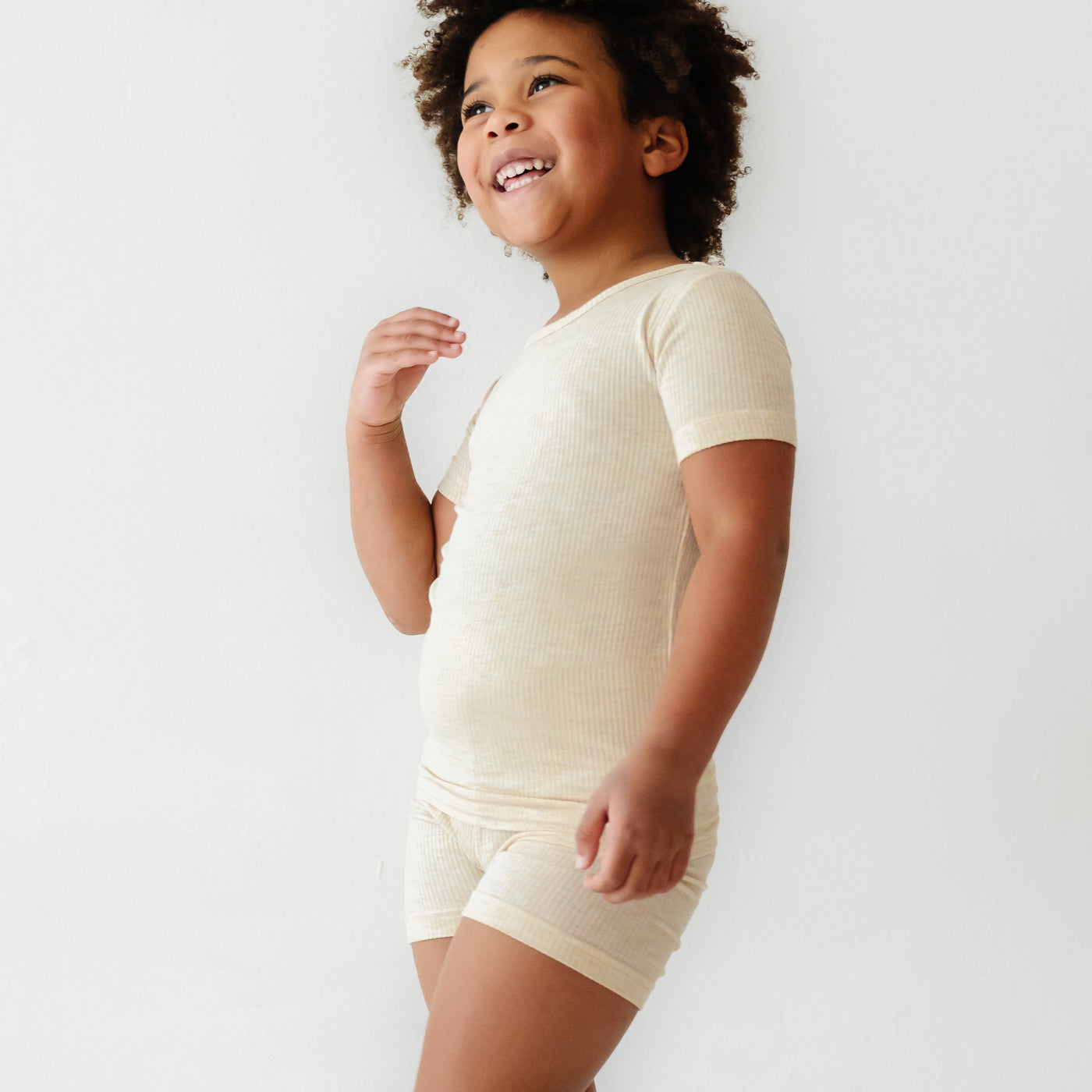 Heather Oatmeal Ribbed Two-Piece Short Sleeve & Shorts Pajama Set - Image 3